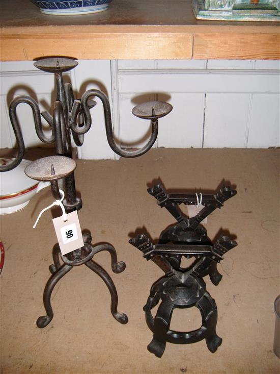 Pr of Arts & Crafts fire dogs & a candelabra